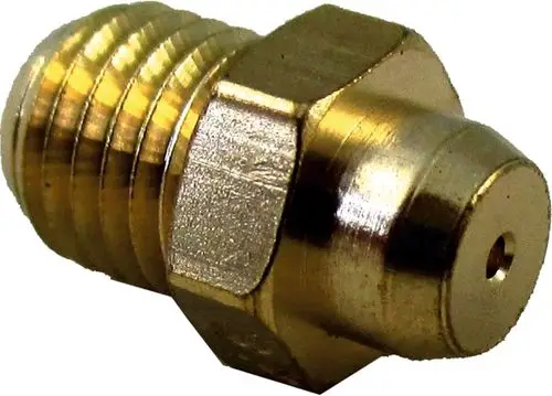 Gasbrennerdüse in Goldfarben, metallisch, mit Gewinde und einem kleinen Durchlass. Geeignet für Gasgeräte. Produkt von Wolf.